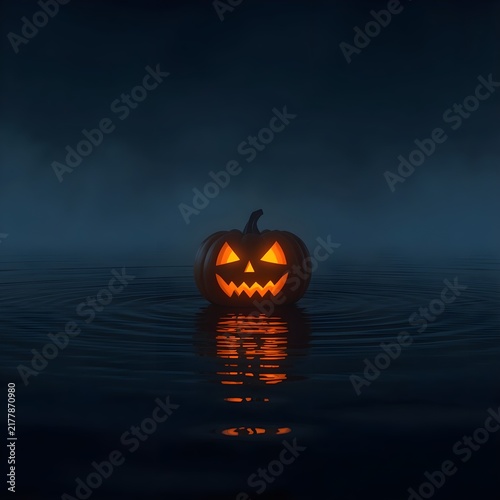 Spooky Jack-o-lantern with glowing eyes and carved face sits in dark water with mist in background on Halloween night