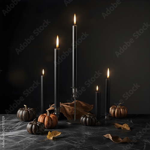Gothic Halloween decor with pumpkins, black candles and fall leaves on a dark background