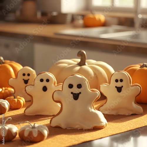 Delicious Halloween ghost cookies with white icing on a kitchen counter decorated with pumpkins