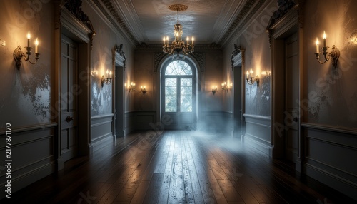 Mysterious Haunted Mansion Hallway with Gothic Architecture and Atmospheric Mist and Dim Lighting