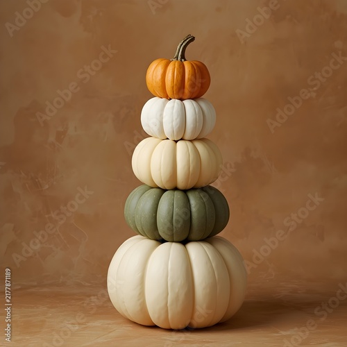 A vertical stack of multicolored pumpkins and gourds in neutral and autumn shades against a rustic background