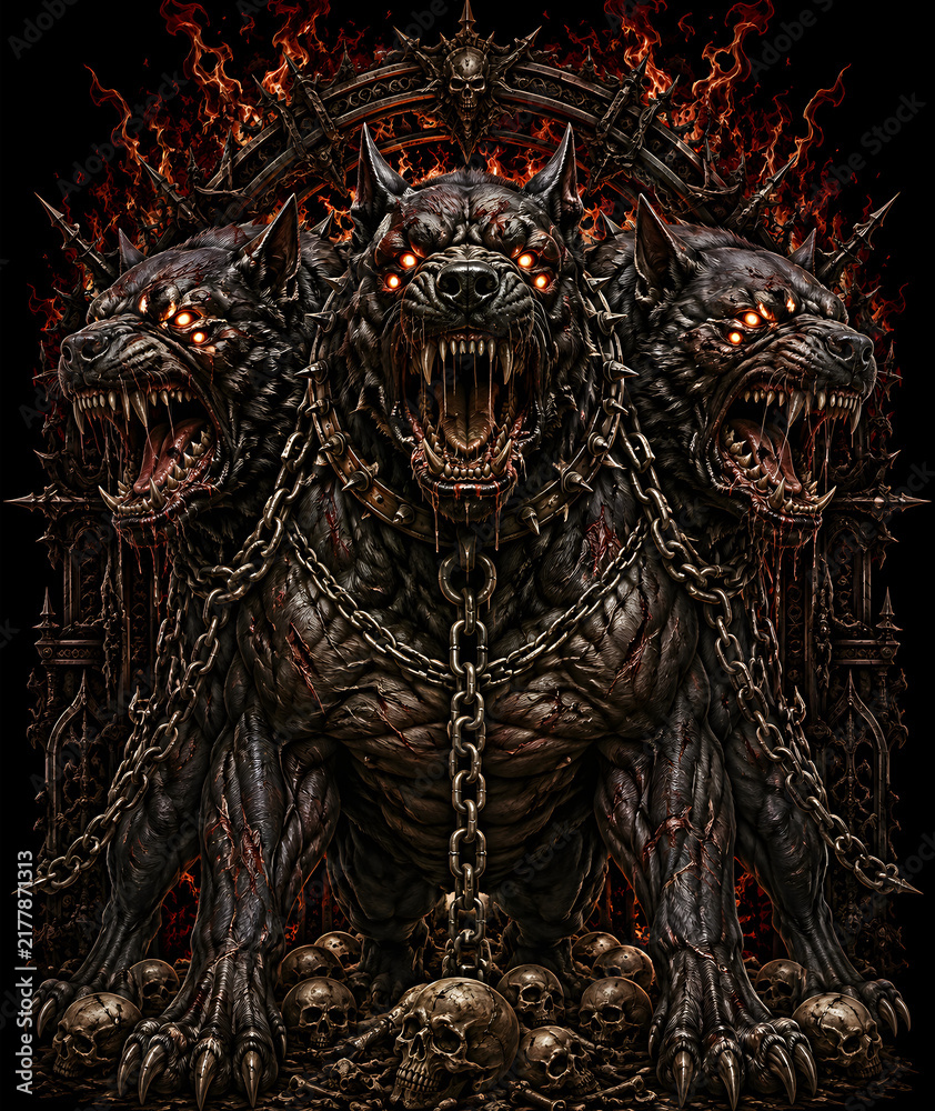 Fototapeta premium Cerberus-inspired mythical beast, three-headed hellhound, underworld mythology, demonic fantasy creature, gothic heavy metal artwork