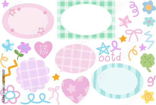 Vector illustrations of cute pastel elements such as rectangle frame, flowers, heart, star, clover leaf, text bubbles, chat box for decoration, print, sticker, label, message, cartoon, dialogue, icons