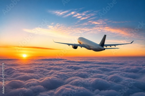Plane soars above clouds at golden sunrise. Sky blushes with warm hues, clouds glow softly. Travel dreams feel vast and free. Perfect for travel, adventure, or aspiration themes