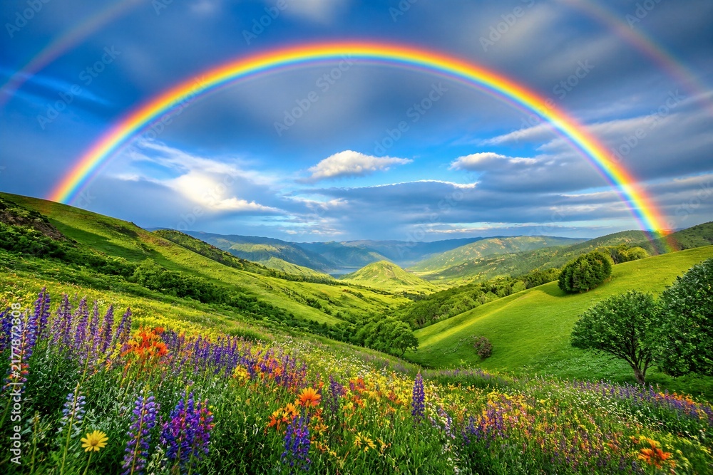 Obraz premium Vibrant rainbow arches above rolling green hills. Wildflowers bloom in golden, purple, and orange hues. Sky features soft clouds under bright blue expanse