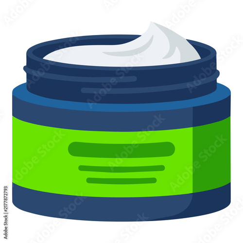 Open jar of white cream with green label cosmetic product illustration