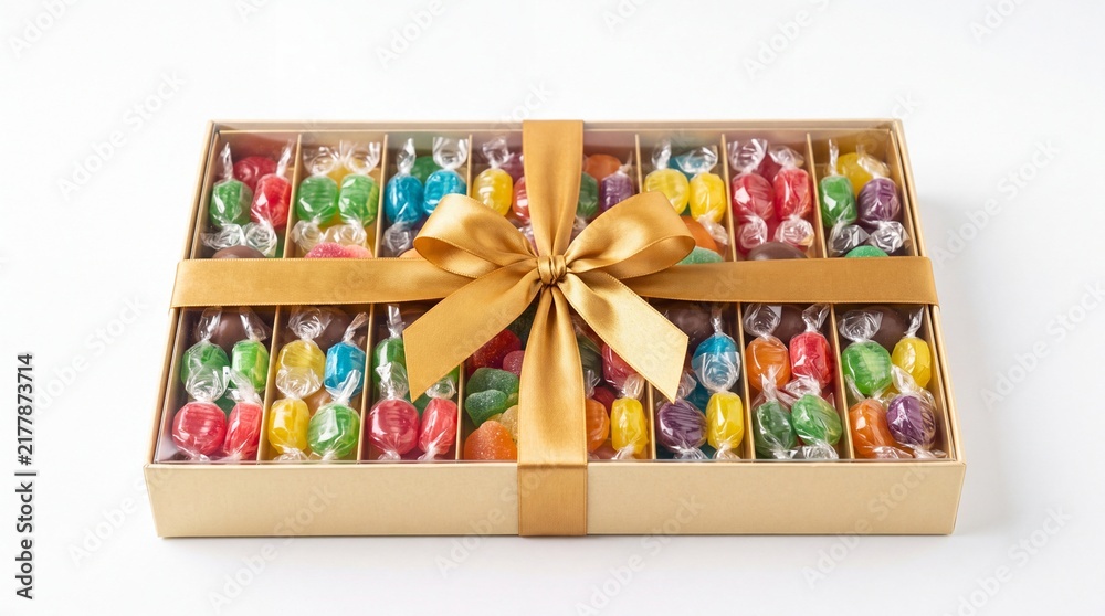 Naklejka premium Decorative golden gift box filled with vibrant assorted wrapped candies tied with silk on white background