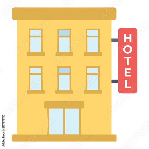 Flat design yellow hotel building with red sign