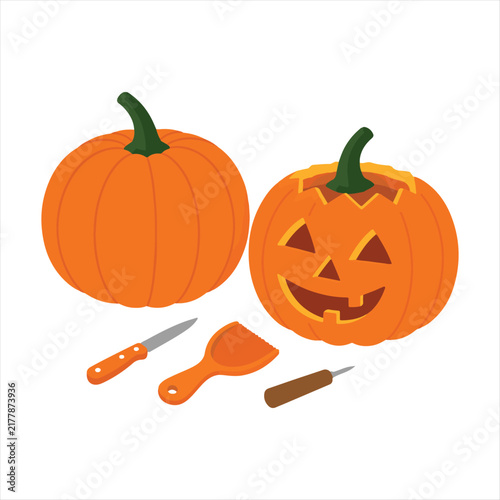 Картината върху платно Halloween pumpkin carving with tools and carved pumpkin