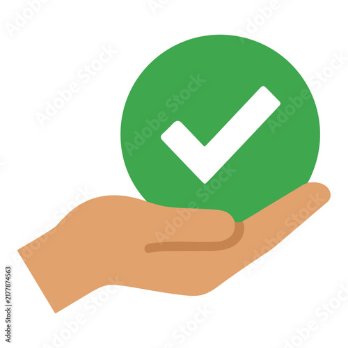 Hand holding green circle with white checkmark icon