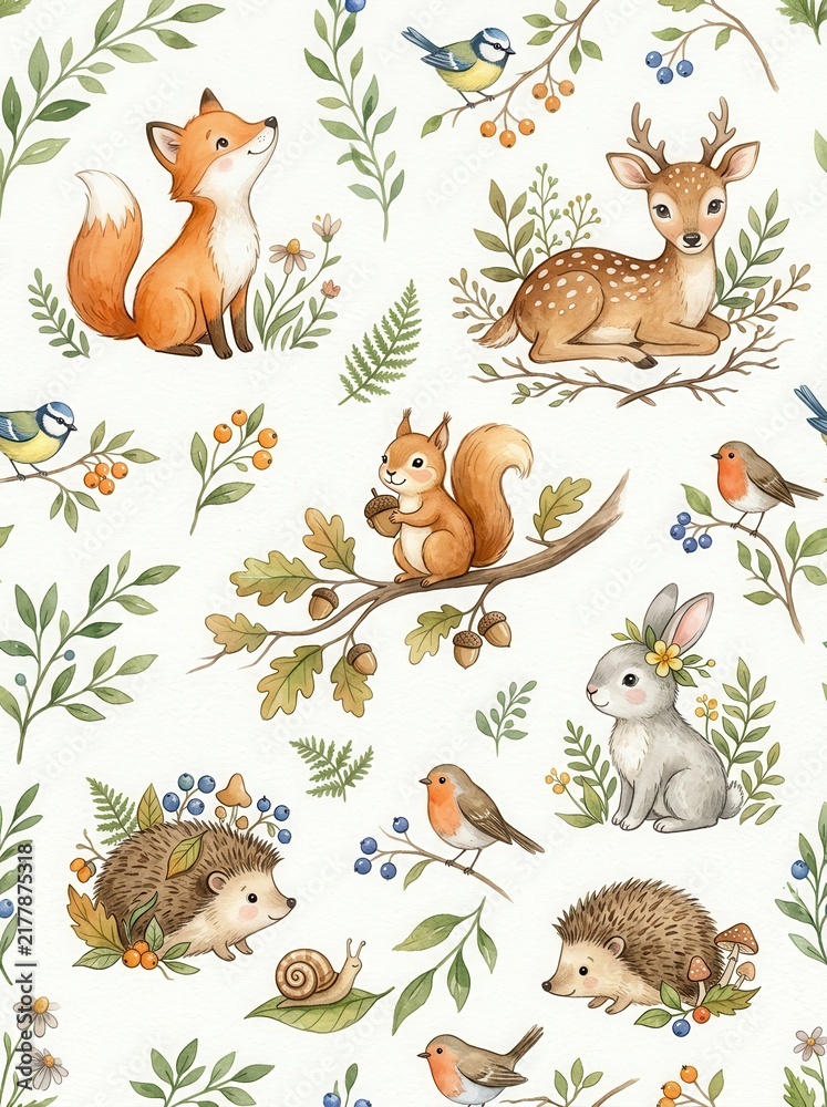 Obraz premium Seamless Watercolor Woodland Animal Pattern with Fox, Deer, Squirrel, Rabbit, and Hedgehog for Nursery Decor