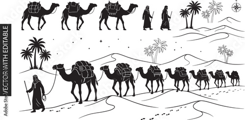 Camel caravan desert travel icons featuring Bedouin guide dunes and oasis elements for middle east cultural adventure graphic design project themes.