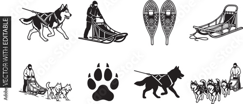 Dog sledding equipment icons including husky dog musher sleds and snowshoes for arctic winter expedition gear design and winter sports project needs.