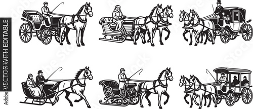 Vintage black horse drawn carriage set featuring various historical wagons and winter sleigh designs for traditional transportation and travel decor.