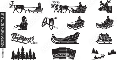 Black silhouette collection of reindeer sleighs and winter transport elements with traditional northern patterns and forest icons for holiday designs.