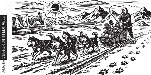Detailed woodcut style illustration of husky dog team pulling heavy sled across arctic landscape with musher and mountain scenery for expedition art.