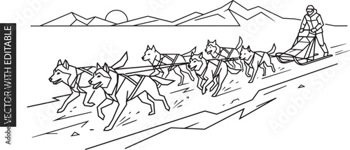 Geometric line art of husky dog sled team racing on snowy mountain trail with musher for modern winter sports and adventure activity branding designs.