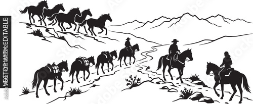 Wild horses galloping across a rugged mountain landscape with cowboys and pack animals on a winding trail in a western adventure setting.