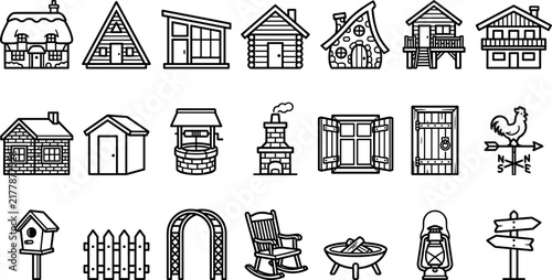 Bild auf Leinwand Country house architecture and rustic backyard line icon set featuring cottage c