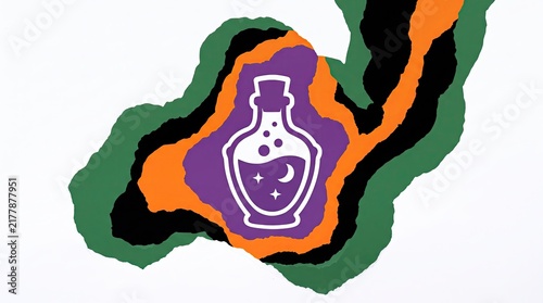 Obraz na płótnie Abstract layered paper cut style background with a magical potion bottle icon in