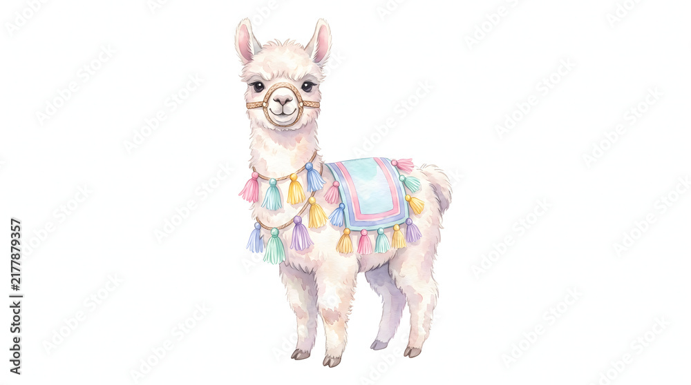 Fototapeta premium Adorable white alpaca with vibrant bohemian tassels and decorative saddle in watercolor style