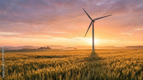 Scenic landscape with wind turbine in golden light during sunset