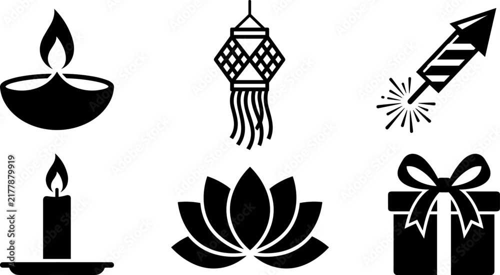 Naklejka premium Festival Icons Set with Diya Lamp, Lotus Flower, Gift Box, and Fireworks