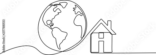 Continuous single line drawing of a globe and a house representing global home real estate concept