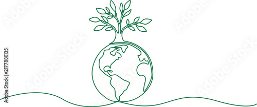 A single continuous line art illustration showing planet earth with a small tree growing on top. This simple design represents ecology, growth, and environmental protection.