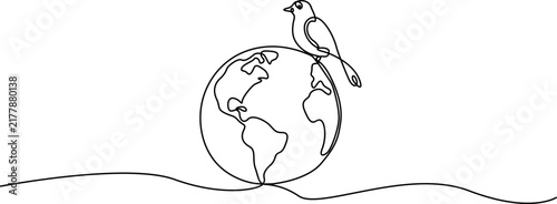 A minimalist continuous line art illustration featuring a bird perched on the world globe, symbolizing nature, travel, environment, and global peace.