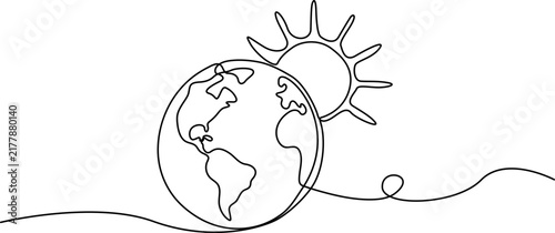 A simple continuous single line art illustration of the planet earth and a bright sun, symbolizing ecology, nature, and the environment.