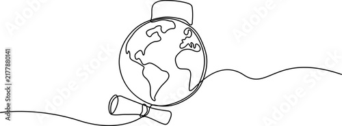 A minimalist continuous single line art illustration featuring a graduation diploma scroll next to a globe, representing global education and international studies.