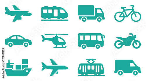 Teal flat icon set of various transportation modes including airplane, train, freight truck, bicycle, car, helicopter, transit bus, motorbike, cargo ship, tram, and delivery van on white.