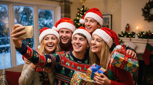 Festive friends taking a selfie together during a cheerful christmas holiday celebration indoors