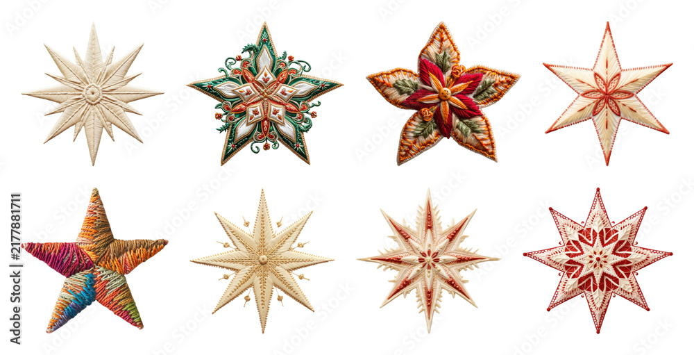 Obraz premium PNG Colorful embroidered star ornaments, element set on transparent background
