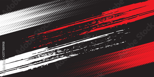 Abstract red and white diagonal grunge brush stroke with halftone pattern background on dark background.