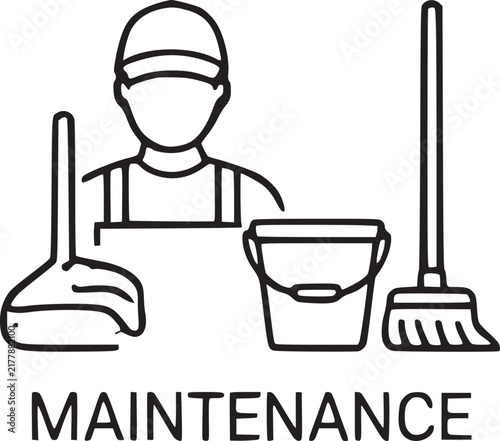 A maintenance worker with cleaning tools and a bucket