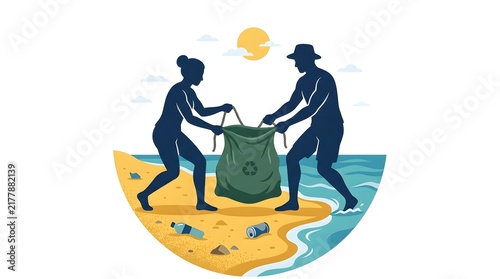 Volunteers Silhouette Cleaning Beach Together with Recycling Bag