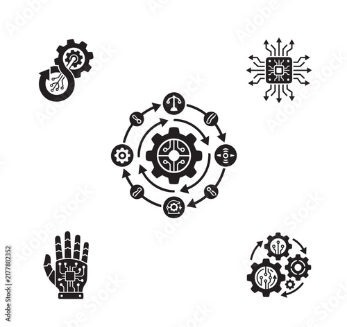 Set of black and white icons representing artificial intelligence machine learning and modern digital technology concepts