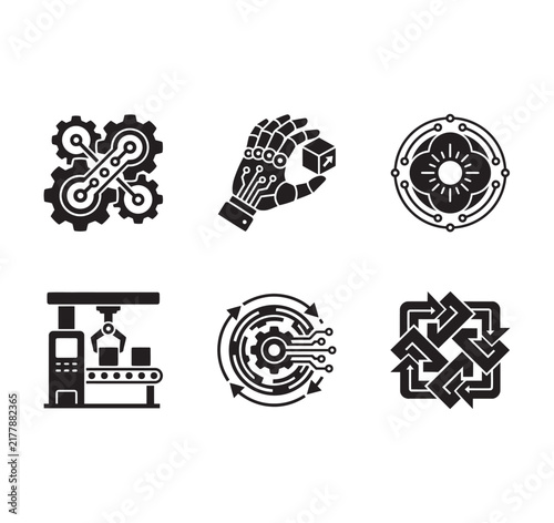 Set of black and white icons representing industrial automation robotics and advanced manufacturing technology concepts