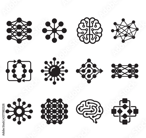 Set of black and white artificial intelligence and machine learning icons representing neural networks and digital brain technology