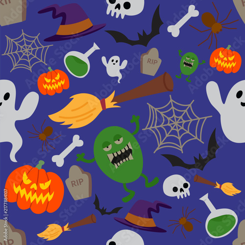 Halloween seamless pattern with cute doodles cartoon elements for nursery textile prints wallpaper