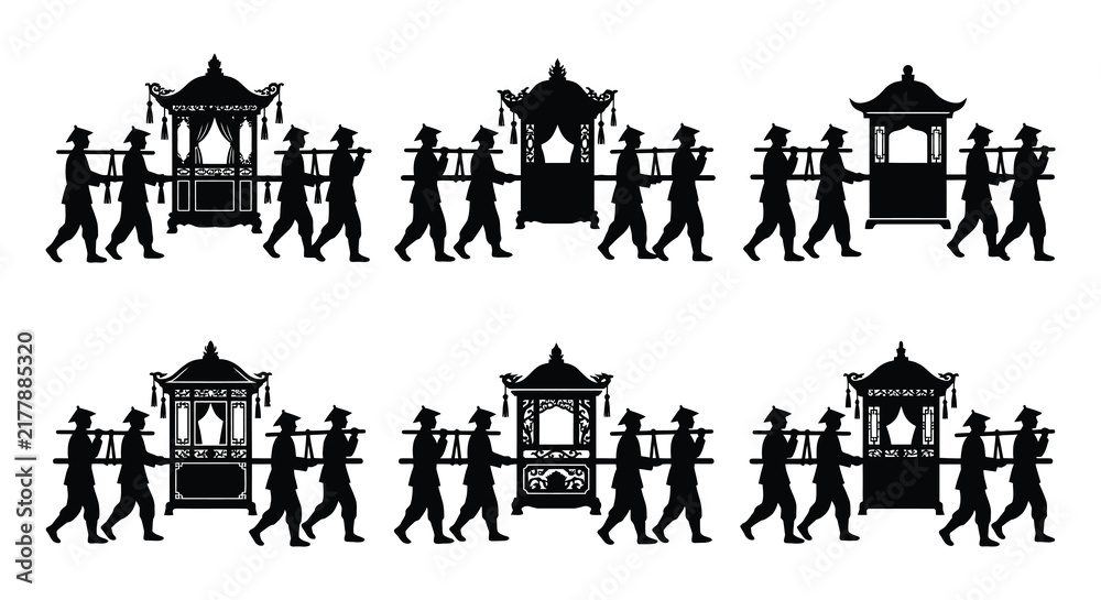 Fototapeta premium Silhouettes of palanquins carried by people a black vector illustration