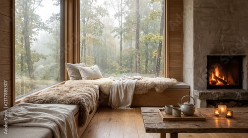Cozy autumn retreat interior, fireplace, soft blankets, tea, large window overlooking misty forest. Warm hygge atmosphere, relaxation, self care, slow living, wellness, nature escape, peaceful weekend