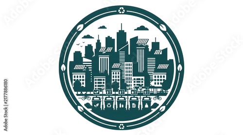 Zero Waste City Skyline Badge with Recycling Bins and Solar Panels