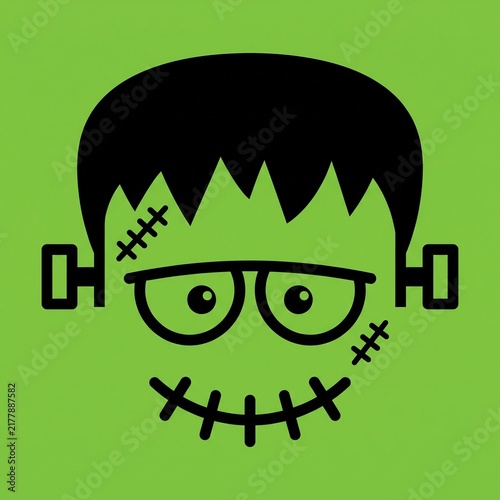 Halloween Frankenstein Monster Face Vector Illustration with Bold Black Hair.
