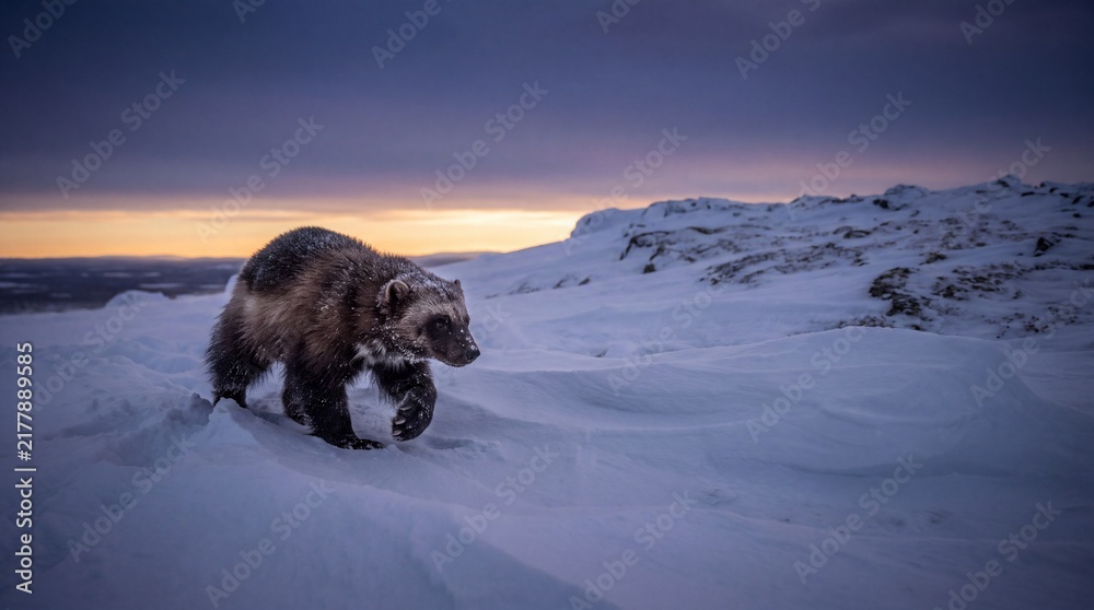 Obraz premium Wolverine Traversing Windswept Frozen Ridge with Thick Frost-caked Winter Mantle in Lapland Subarctic Fell