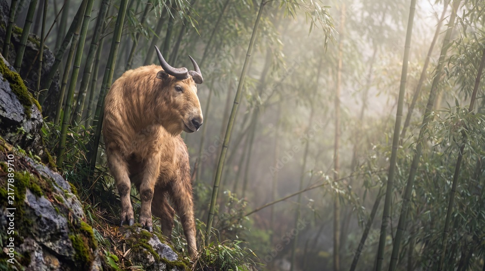 Fototapeta premium Takin Navigating Rugged Alpine Bamboo Slopes in Search of Mineral Licks in Qinling Mountains