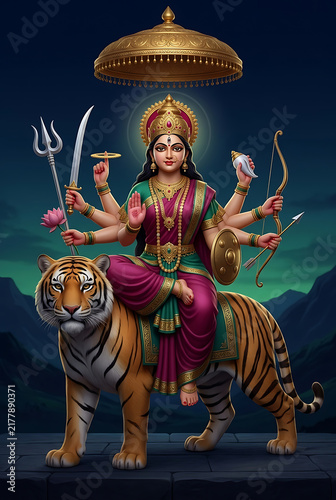 Durga goddess seated on majestic tiger with traditional divine symbols and ornate jewelry celebrating durga puja and navratri festival spiritual devotion illustration