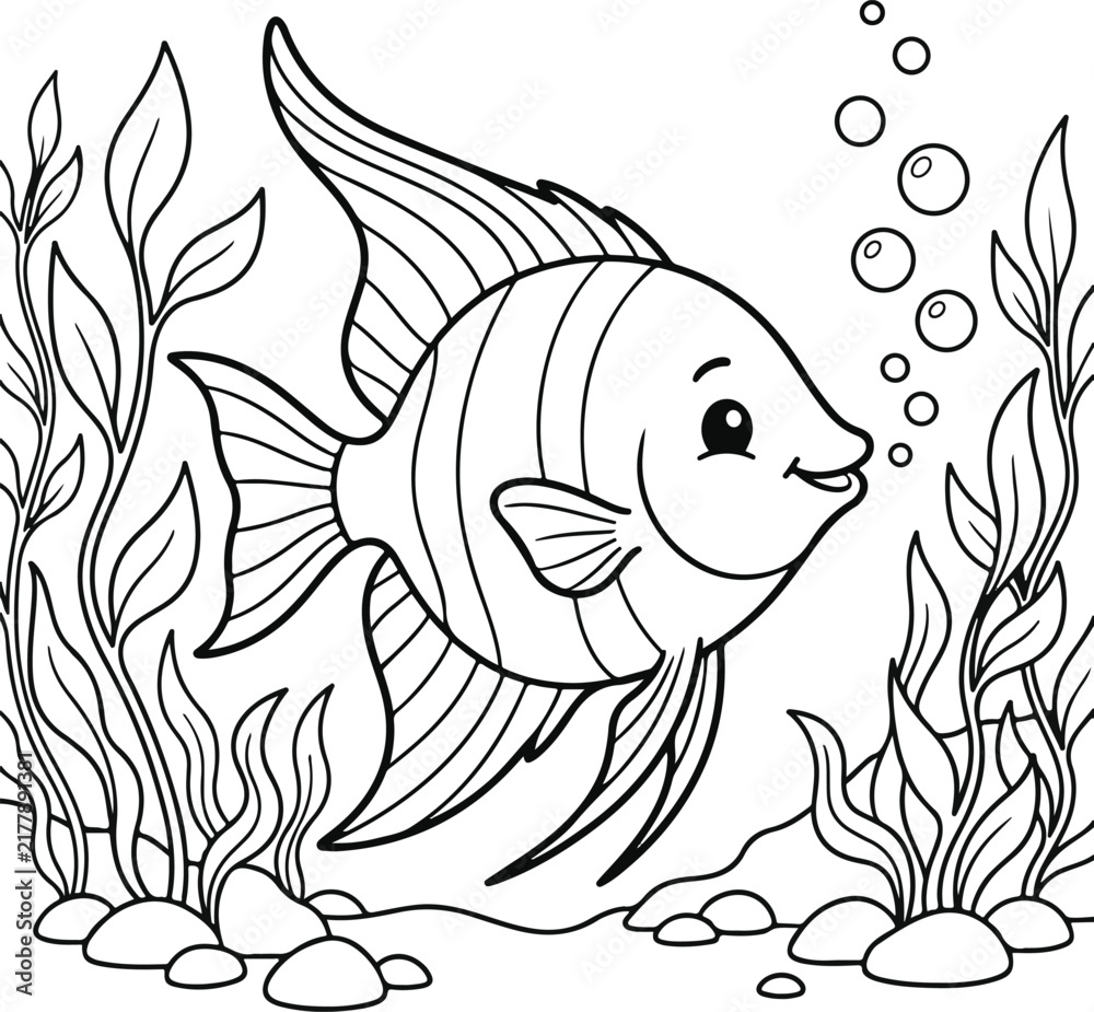 Fototapeta premium Cute angelfish swimming among seaweed and bubbles underwater coloring page